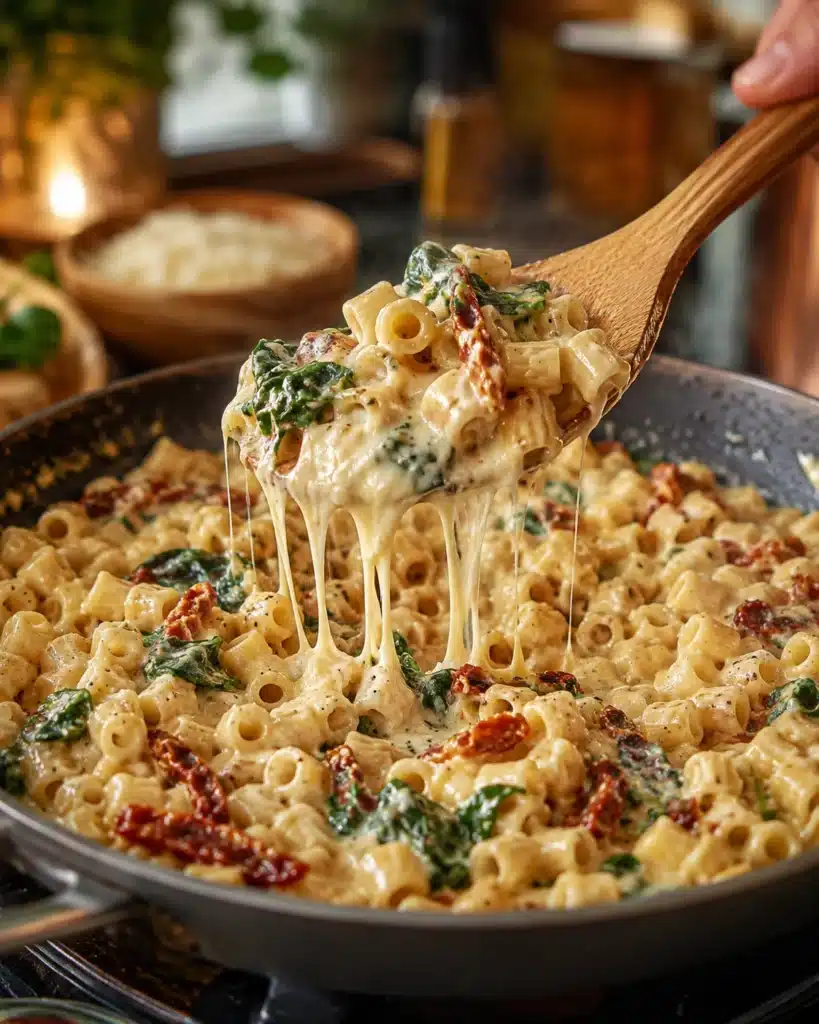 Wooden spoon lifting creamy pasta with melted cheese stretching and visible spinach and tomatoes