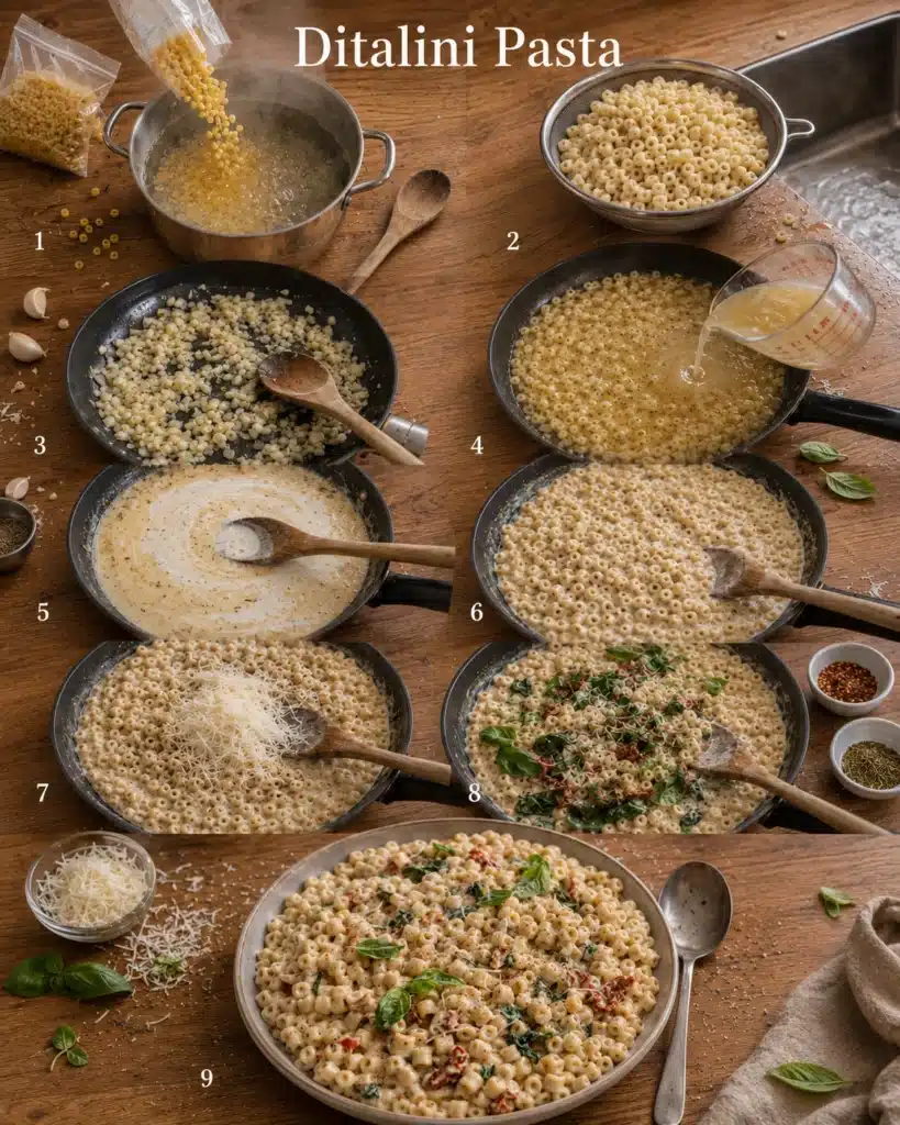 Step by step cooking process of small pasta in a skillet with creamy sauce and added broth