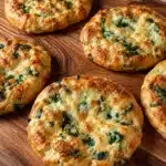 Freshly baked spinach and cheese flat bagels arranged on a rustic wooden board