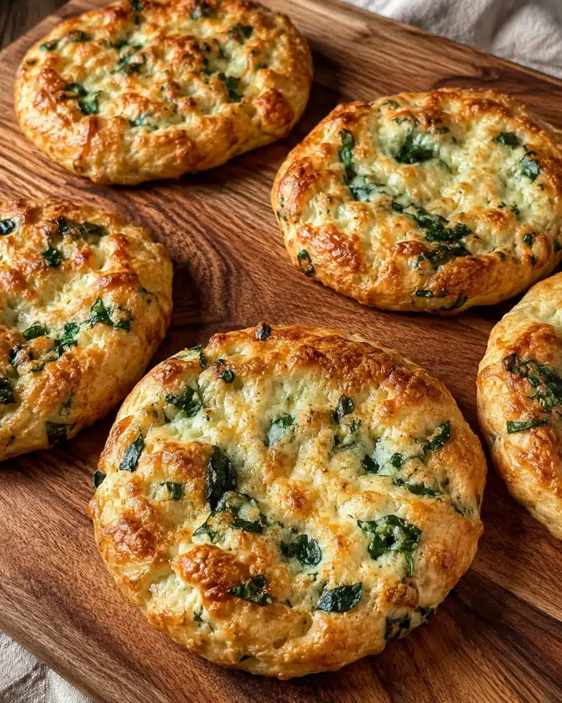 Freshly baked spinach and cheese flat bagels arranged on a rustic wooden board