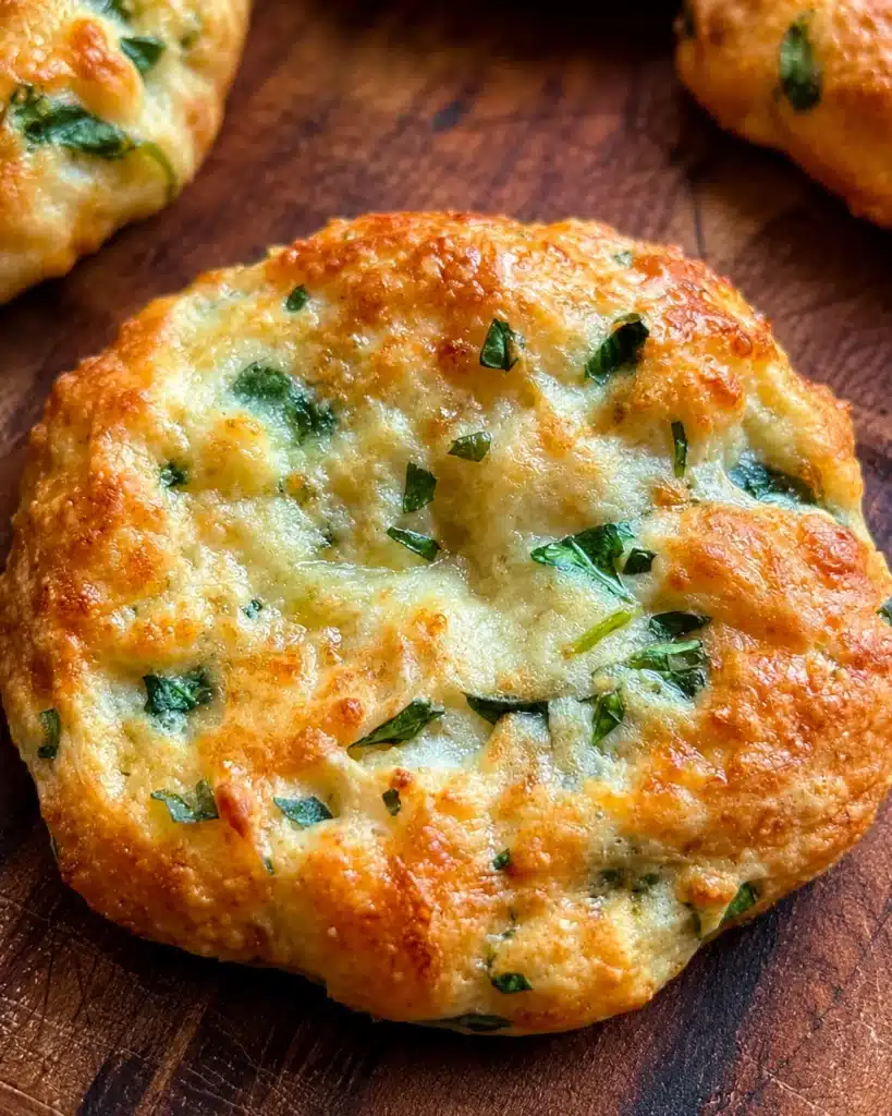 Close view of a golden flat bagel with melted cheese and small spinach pieces