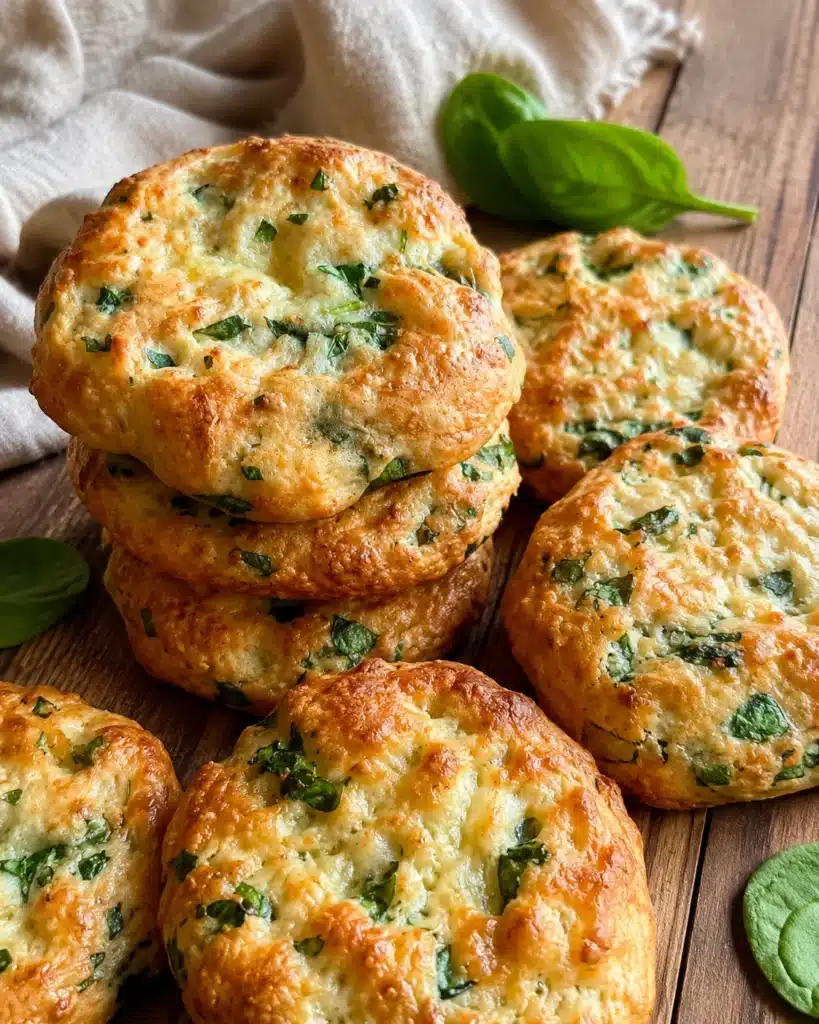 Stack of soft spinach and cheese flat bagels with fresh leaves on a wooden table