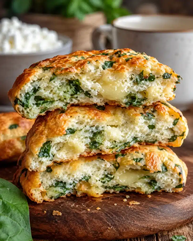 Cut open flat bagels with spinach and cheese filling served on a wooden board with a cup in the background