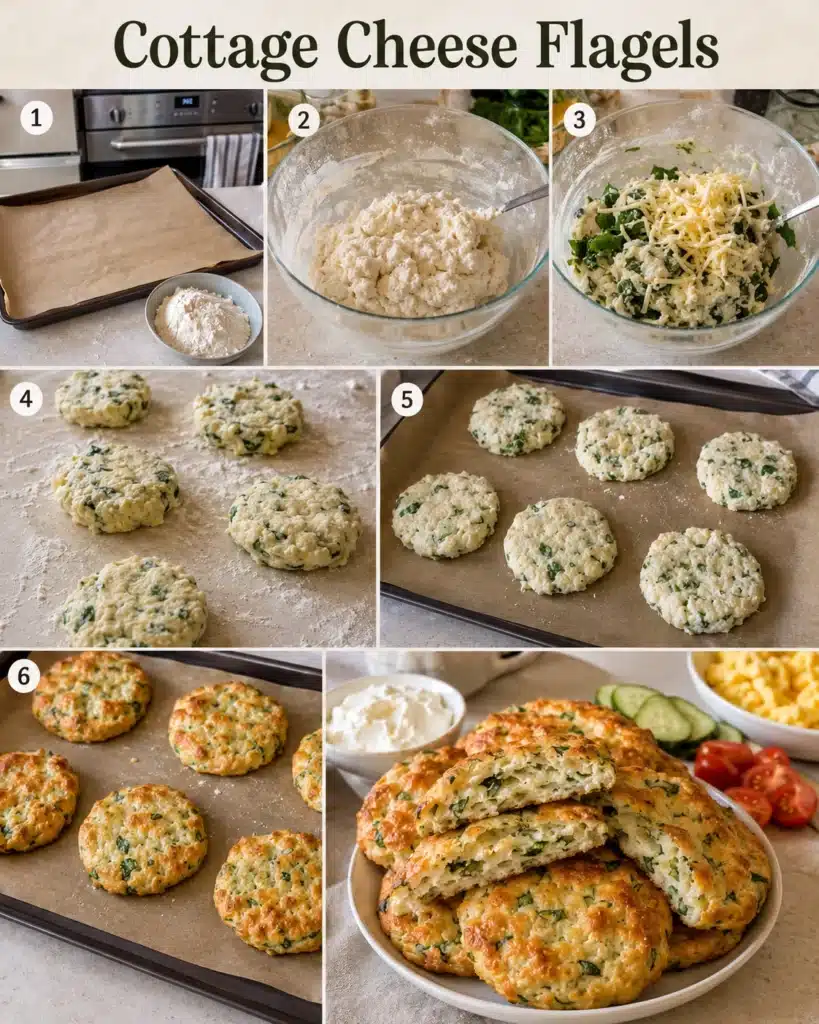 Collage showing step by step process of making spinach and cheese flat bagels from dough to baked result
