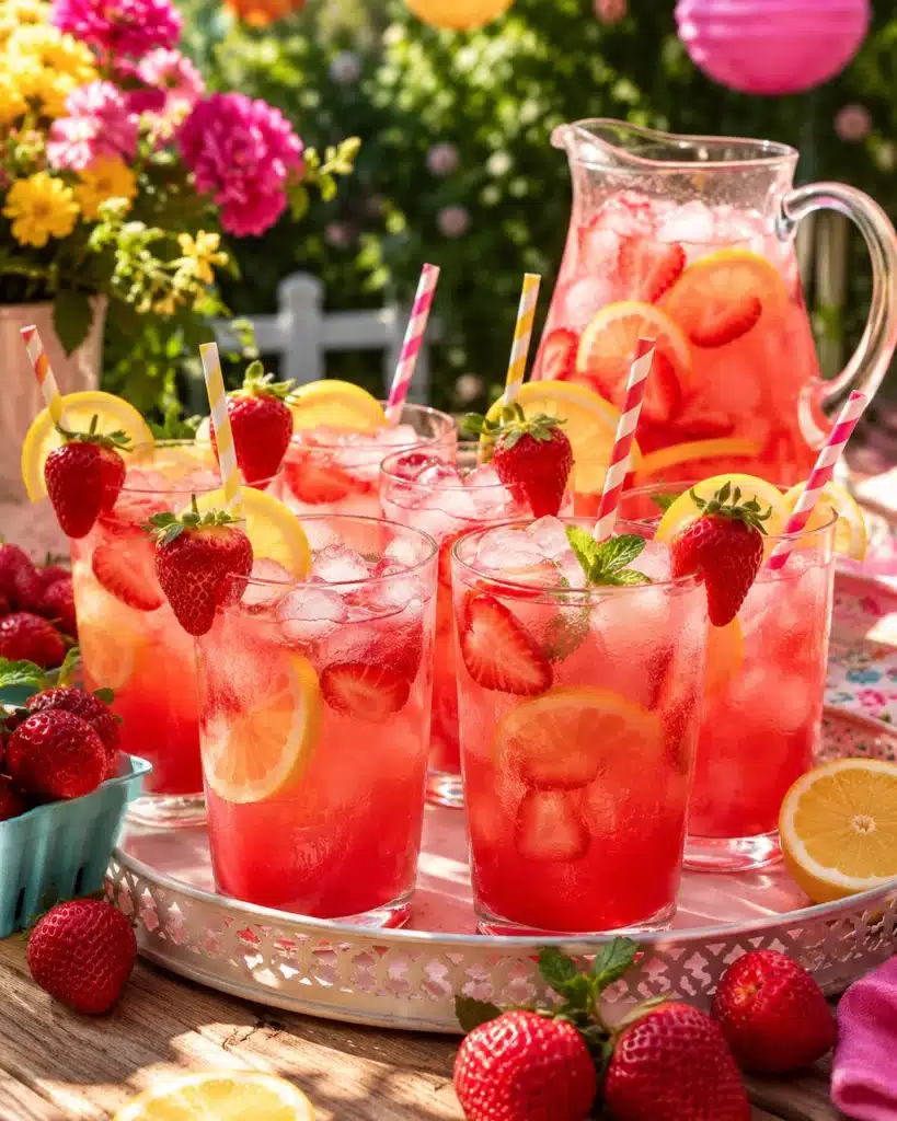Glasses of strawberry lemonade with fresh strawberries and lemon slices served on a tray outdoors