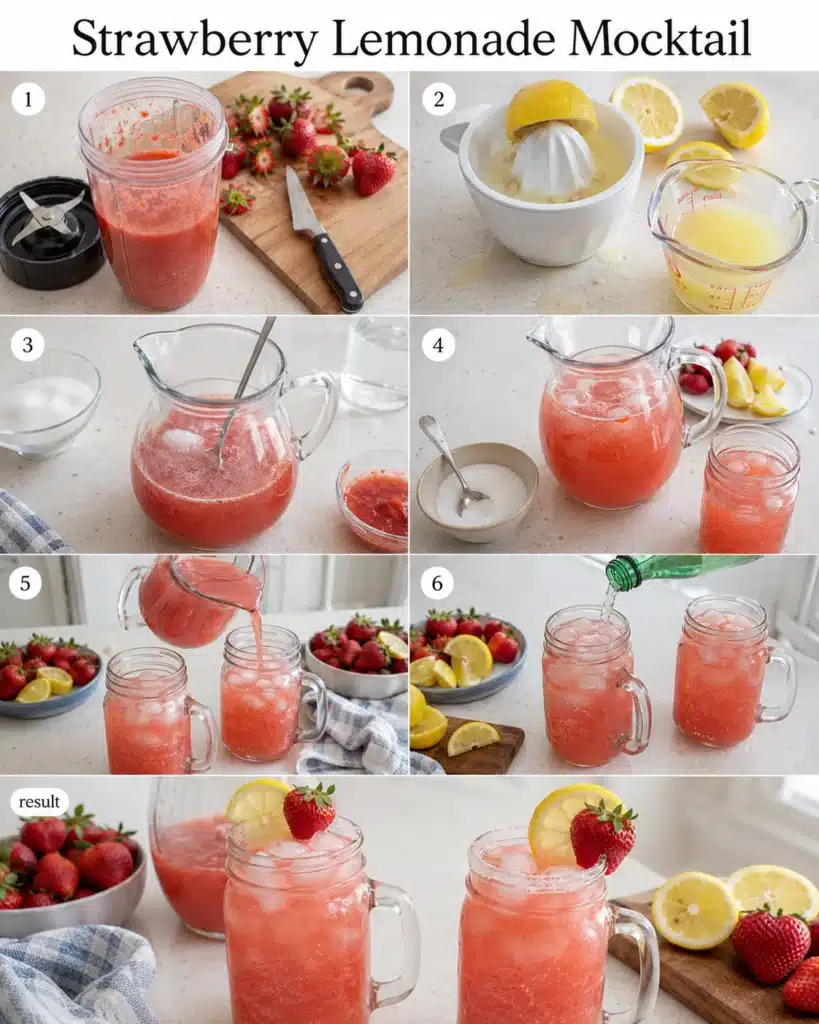 Step by step process of making strawberry lemonade from blending strawberries to serving in glasses