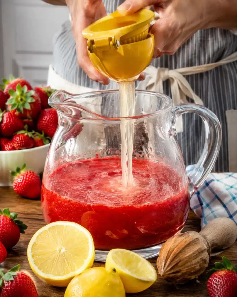 Fresh lemon juice being squeezed into a pitcher with strawberry mixture on a kitchen table