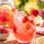 Glass of sparkling strawberry lemonade with ice, lemon slice, and whole strawberry garnish