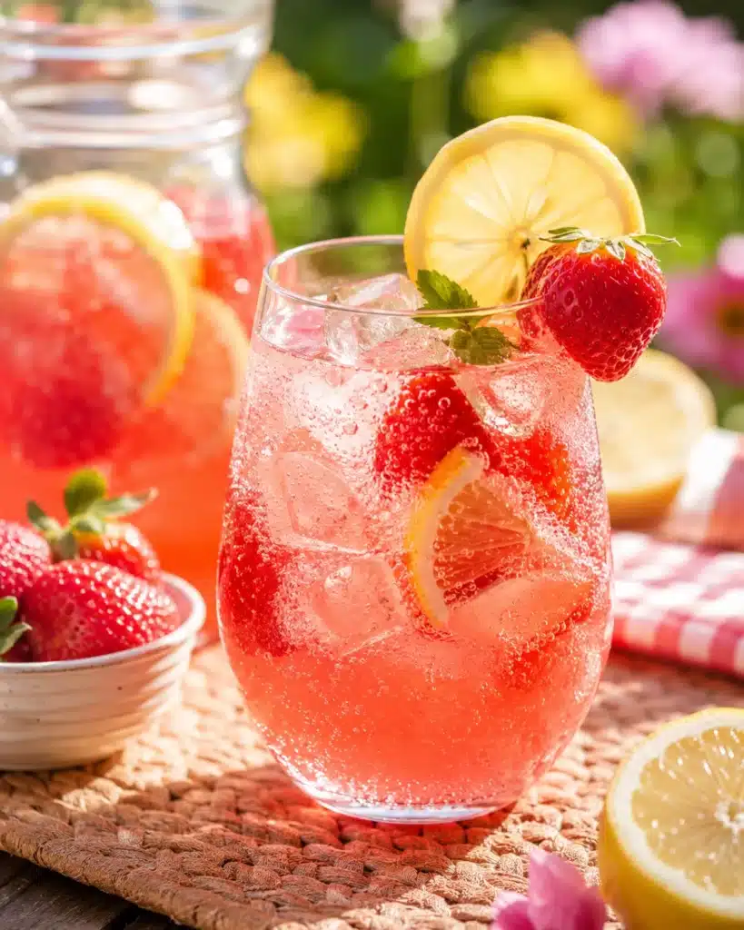 Glass of sparkling strawberry lemonade with ice, lemon slice, and whole strawberry garnish