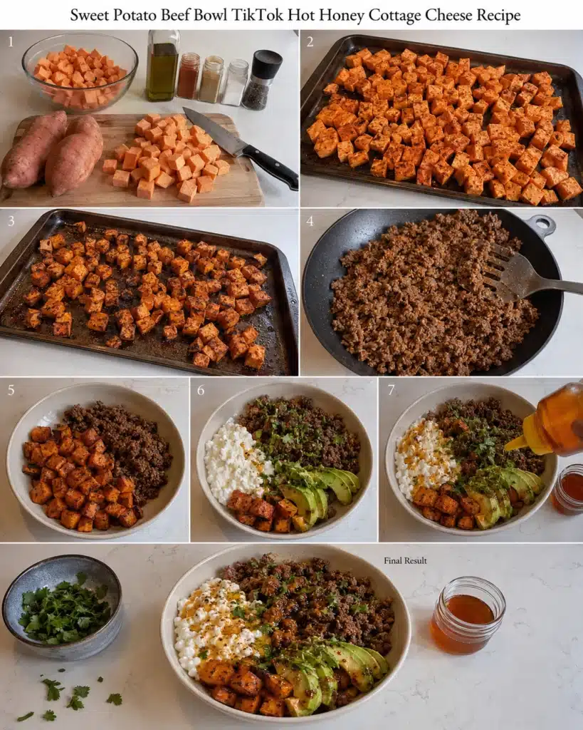 step by step preparation of sweet potato beef bowl from raw ingredients to final dish