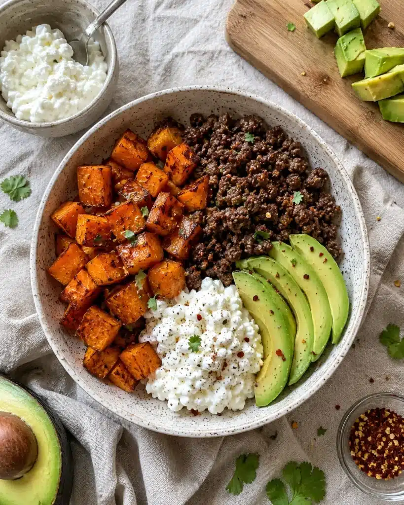 healthy bowl with sweet potatoes ground beef cottage cheese avocado and herbs