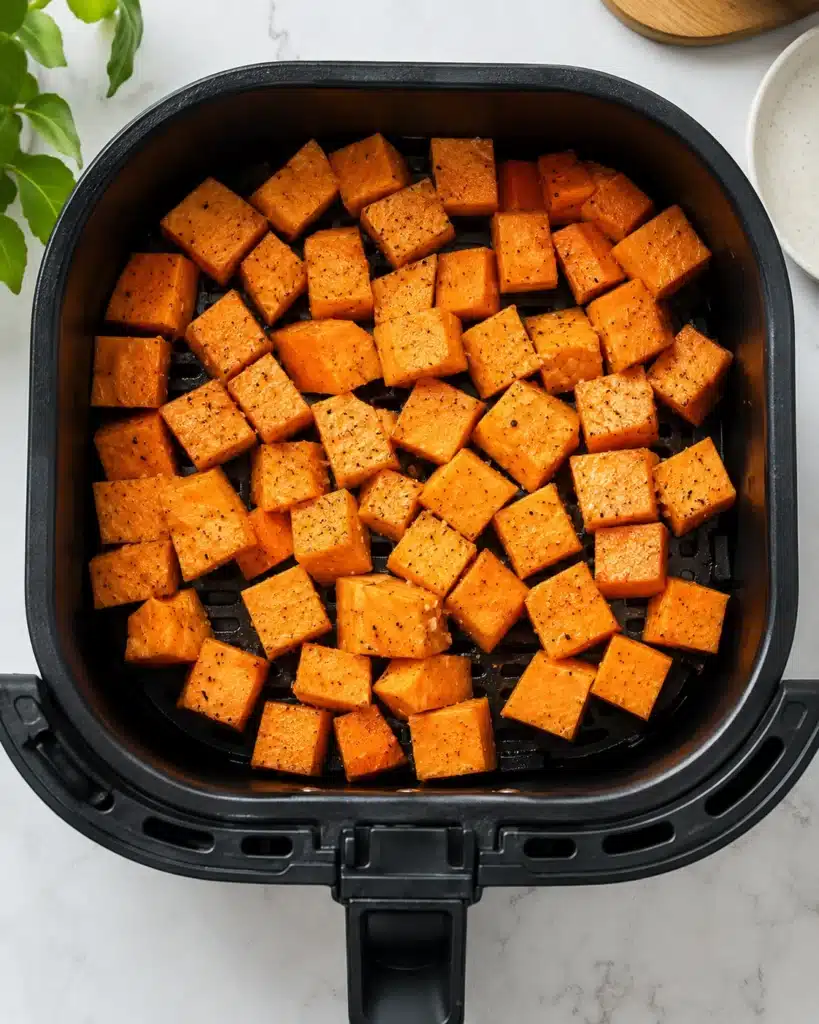 cubed sweet potatoes in air fryer basket seasoned and ready to cook