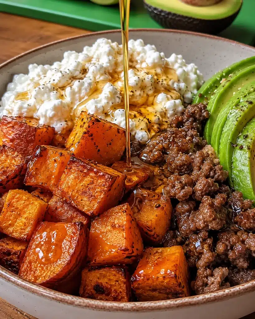 golden honey pouring over roasted sweet potatoes with beef and cottage cheese