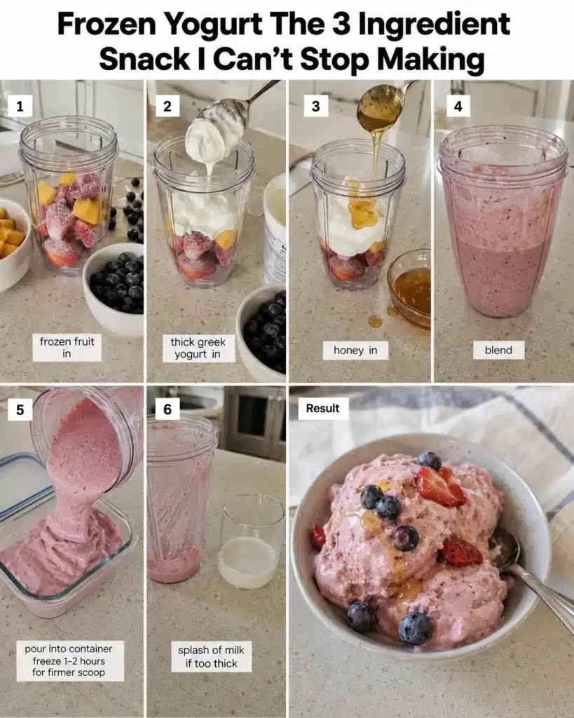 Step by step preparation of a creamy berry yogurt dessert with fruit, yogurt, honey, and blending process