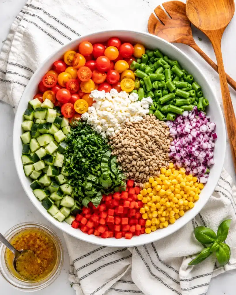 Fresh chopped vegetables arranged in sections inside a large white bowl ready to be mixed