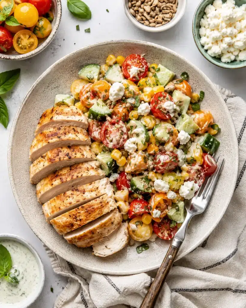 Grilled chicken served with a fresh vegetable salad on a ceramic plate