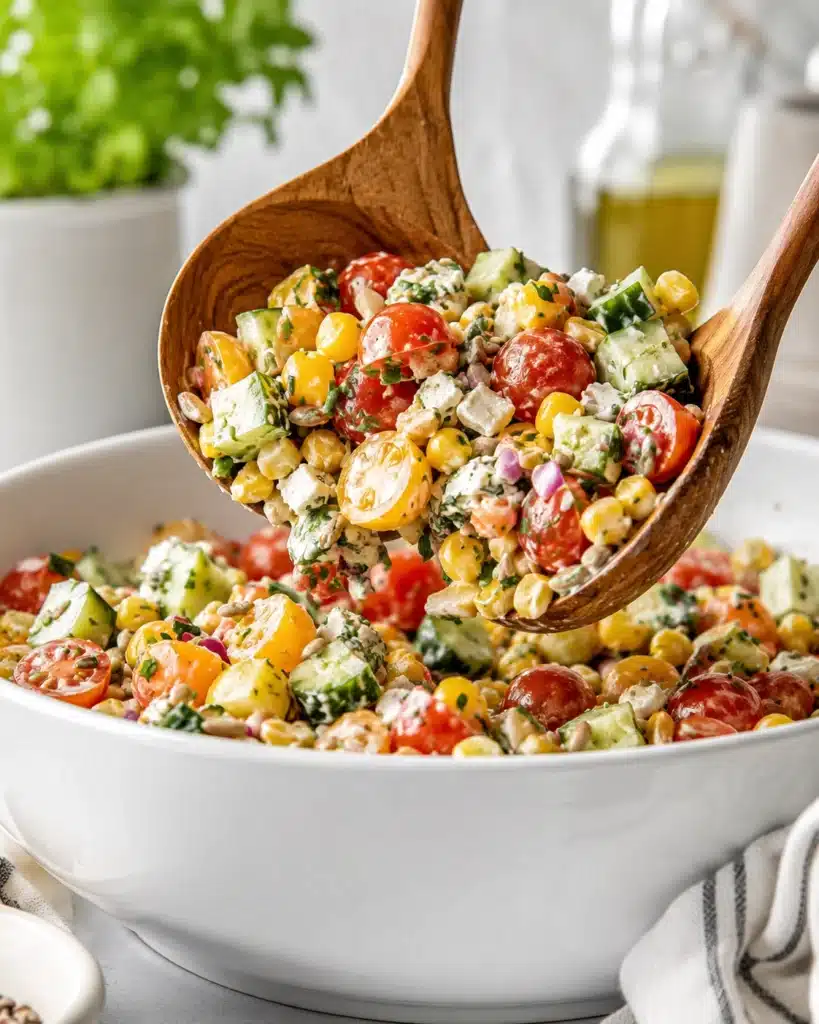 Close up of fresh salad being lifted with wooden spoons showing tomatoes cucumber and corn