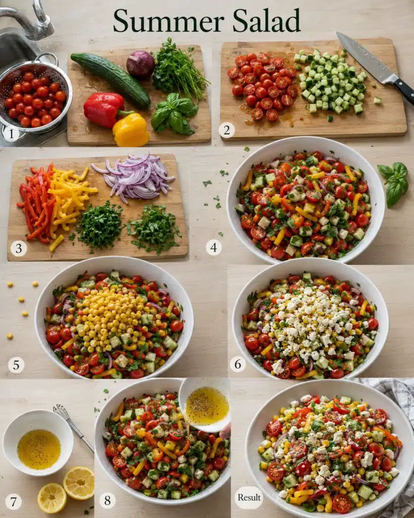 Step by step preparation of a fresh vegetable salad with chopped ingredients and mixing process