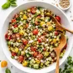 Colorful vegetable salad with cherry tomatoes, cucumber, corn, herbs, and feta cheese in a white bowl