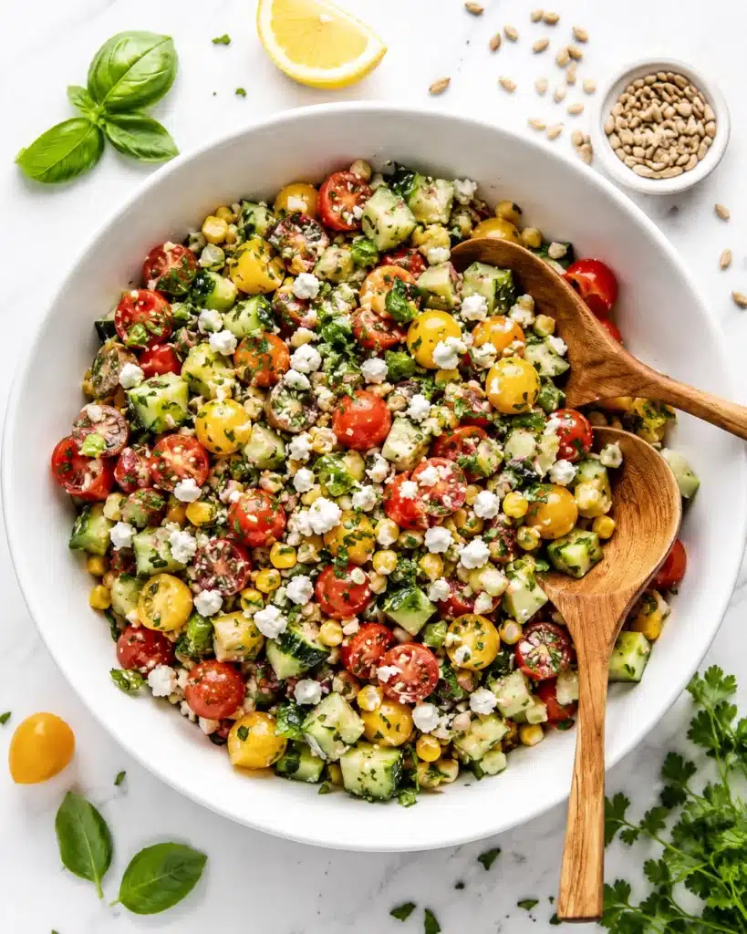 Colorful vegetable salad with cherry tomatoes, cucumber, corn, herbs, and feta cheese in a white bowl