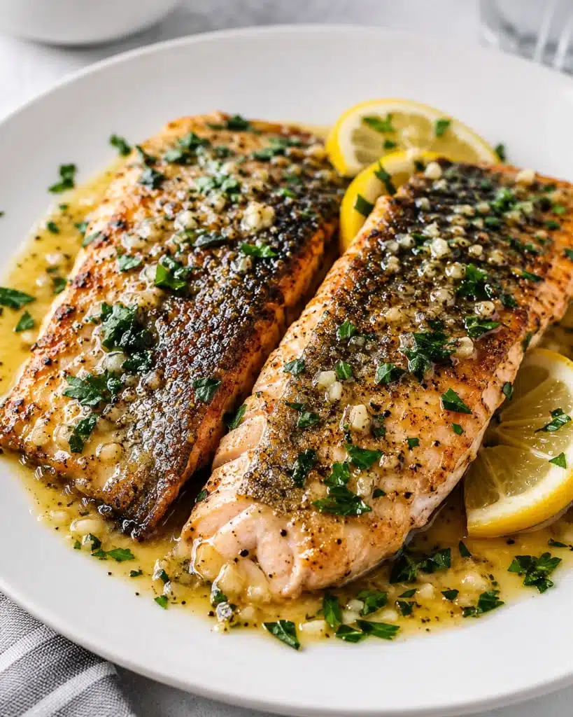 Golden seared trout with herbs and lemon on a white plate