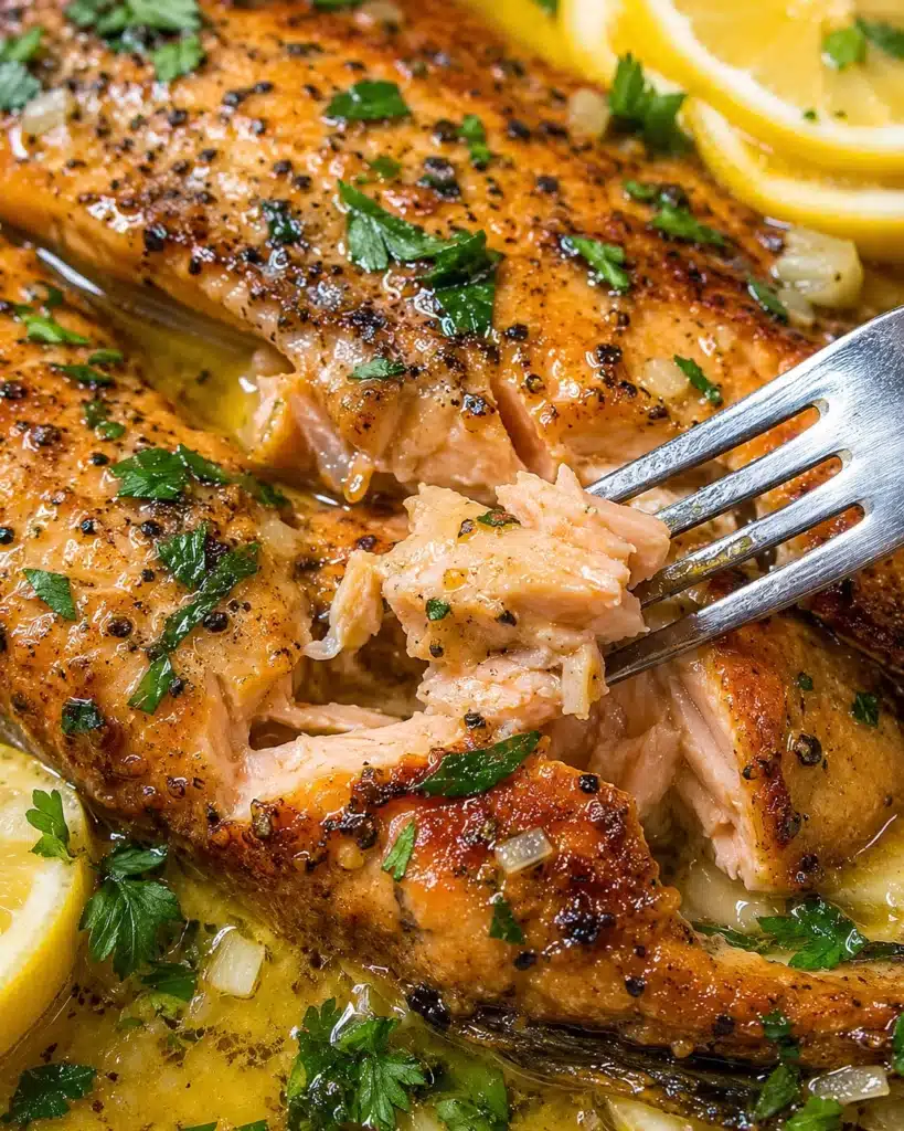 Fork flaking a tender piece of cooked trout with butter and herbs