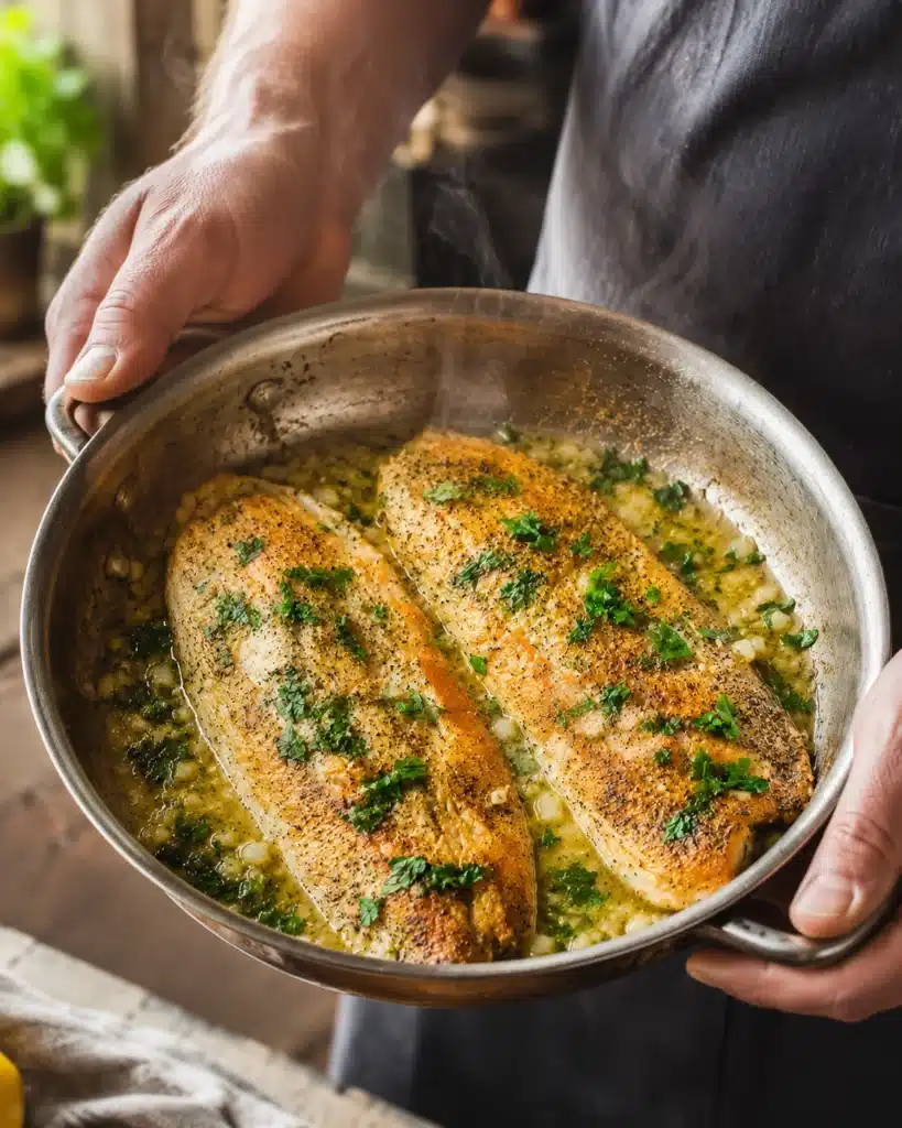 Hands holding a skillet with freshly cooked trout and herb butter sauce