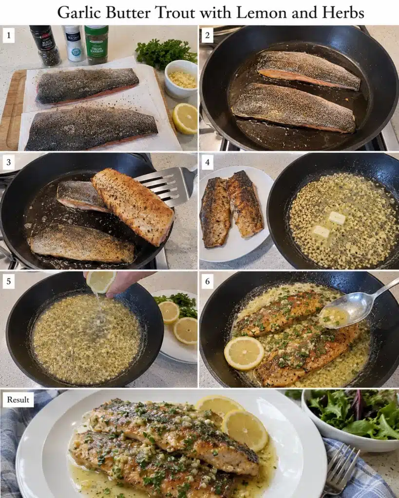 Step by step cooking process of seared trout with garlic and lemon butter