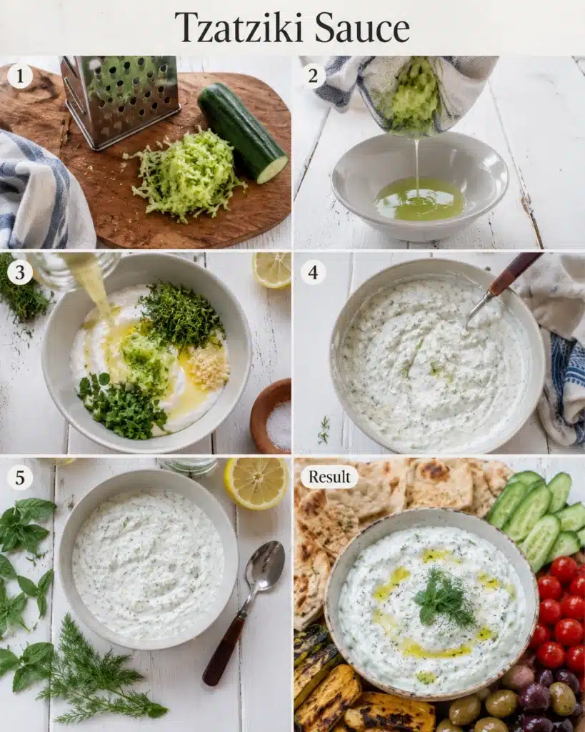 Step by step preparation of yogurt cucumber sauce from grating cucumber to final creamy dip
