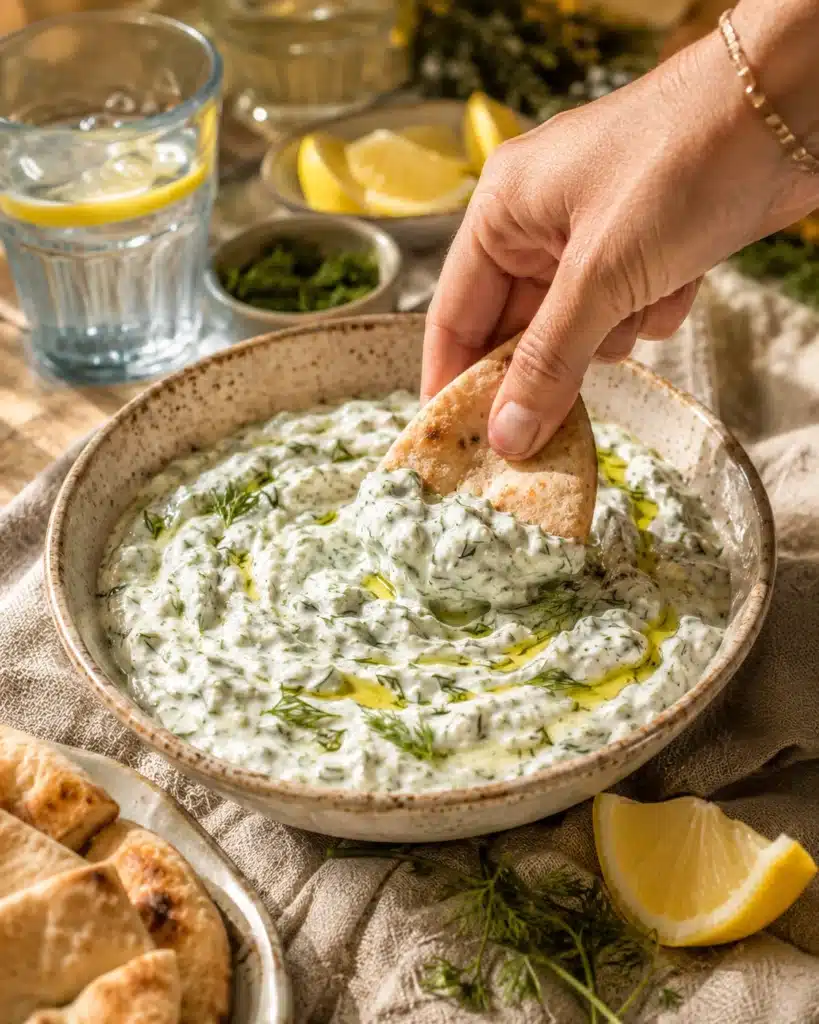 Hand dipping warm pita bread into creamy yogurt dip with herbs and olive oil