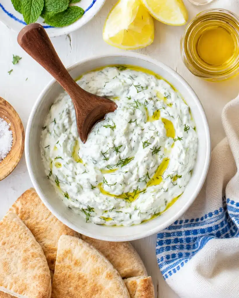 Creamy yogurt cucumber dip with olive oil and fresh dill served with warm pita bread