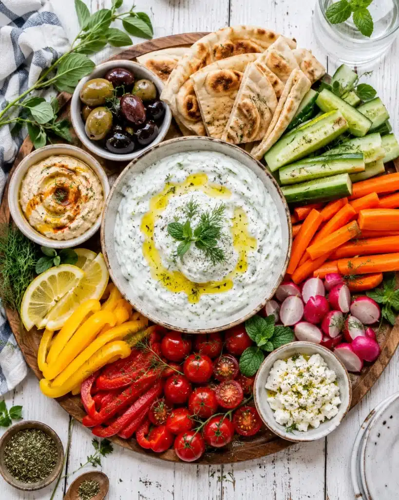 Mediterranean snack board with yogurt dip, fresh vegetables, olives and pita bread
