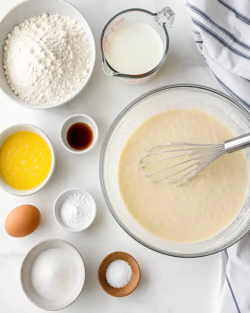 Whisking all-purpose flour, sugar, baking powder, and salt in a clear glass bowl