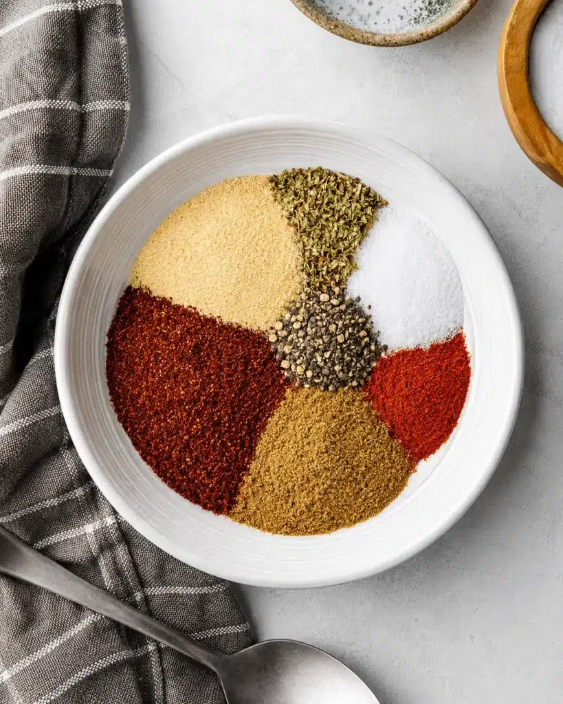 separate spices arranged in a bowl before being mixed into seasoning