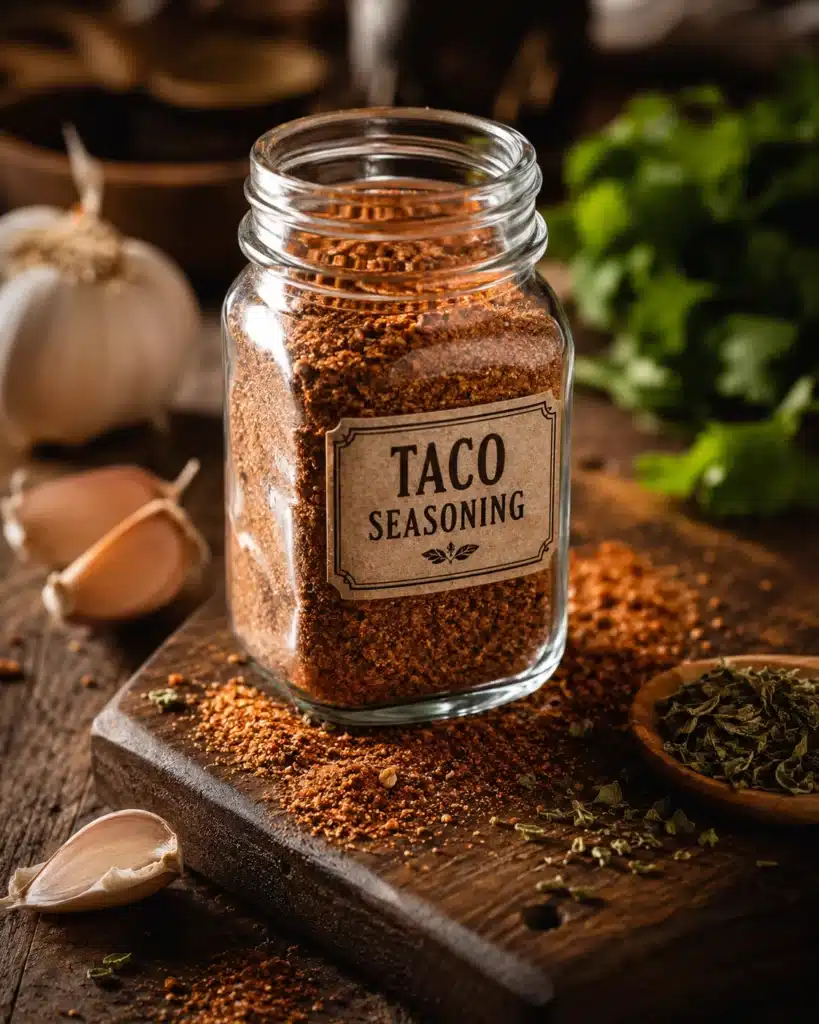 jar of taco seasoning on wooden board with garlic and herbs around