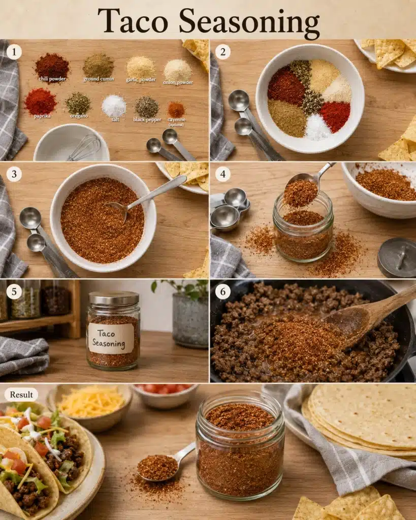 collage showing steps to prepare taco seasoning from spices to finished mix