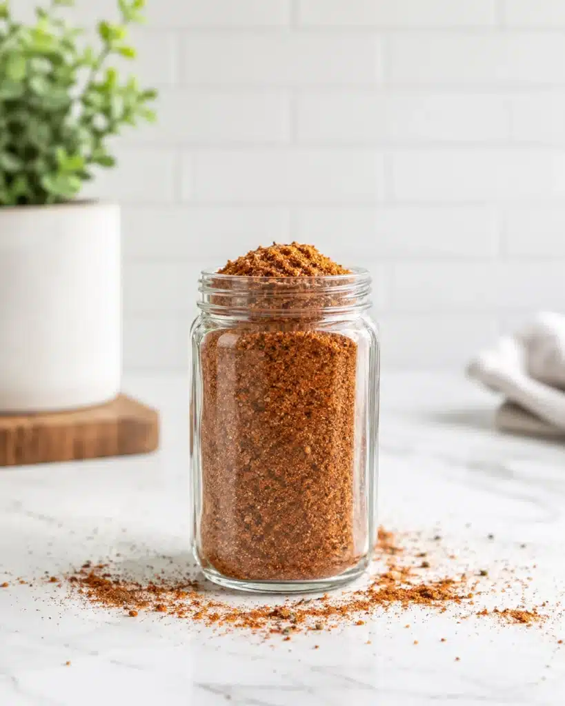 glass jar filled with taco seasoning placed on a clean kitchen surface