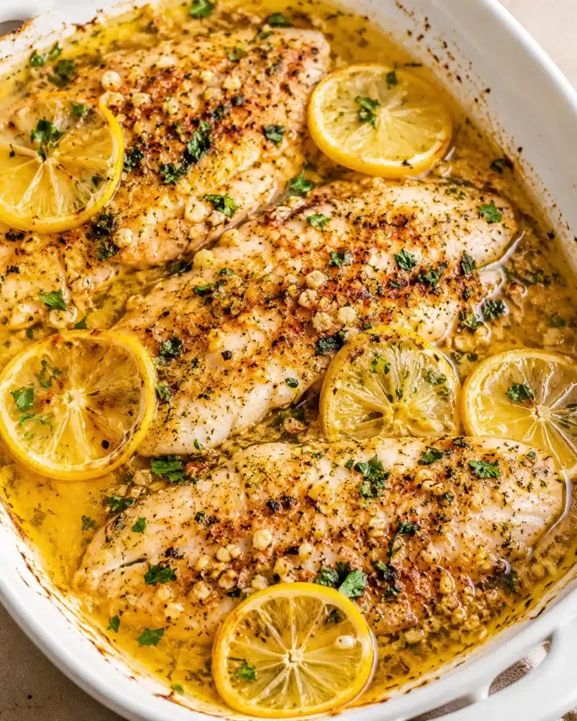 Baked tilapia fillets in a white dish with garlic butter sauce, lemon slices, and fresh herbs