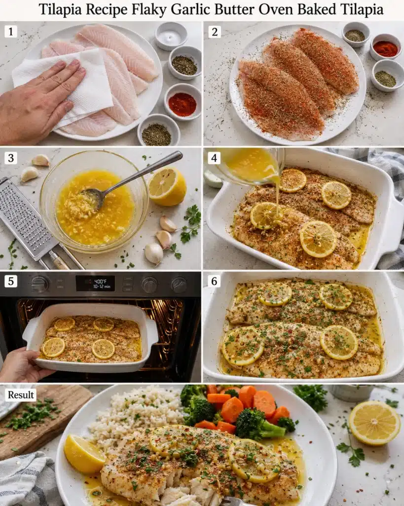 Step by step preparation of seasoned tilapia fillets with garlic butter sauce and baking process