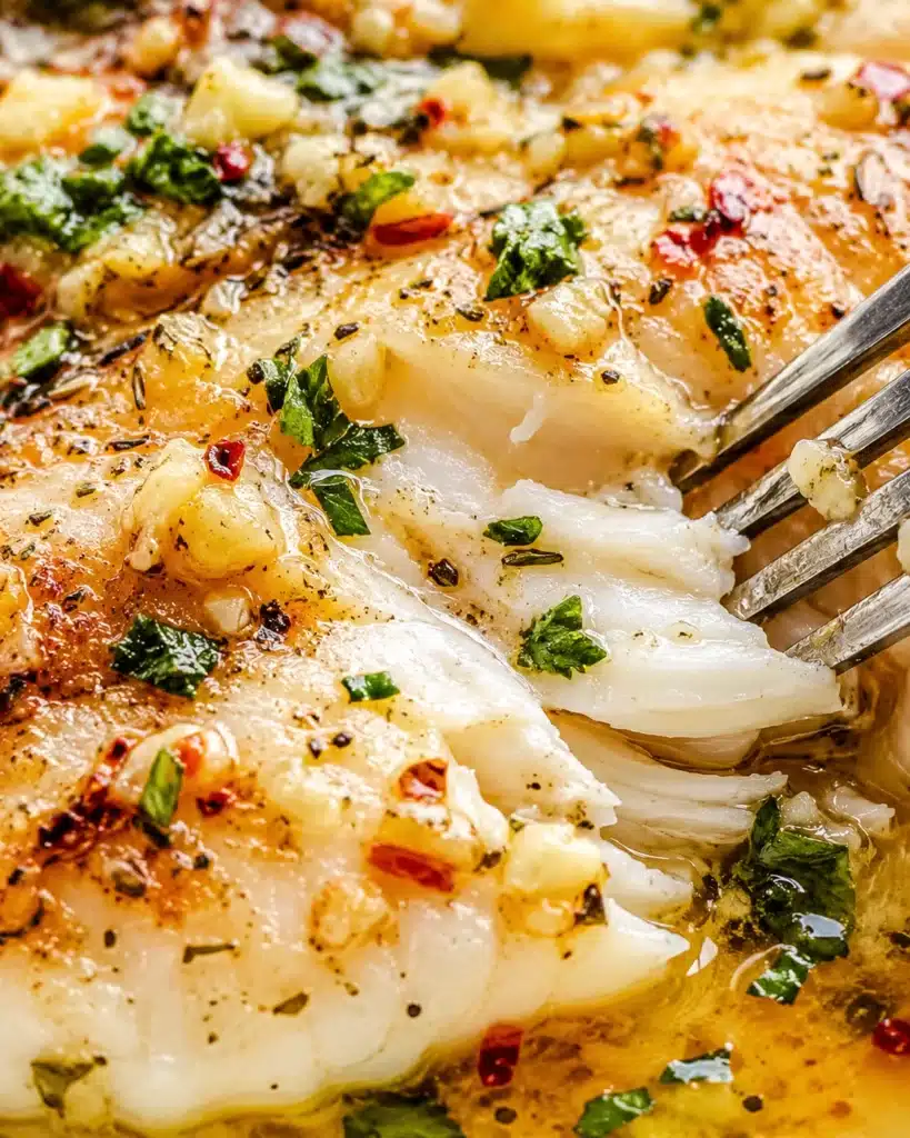 Close up of flaky white fish being lifted with a fork, coated in garlic butter sauce and herbs