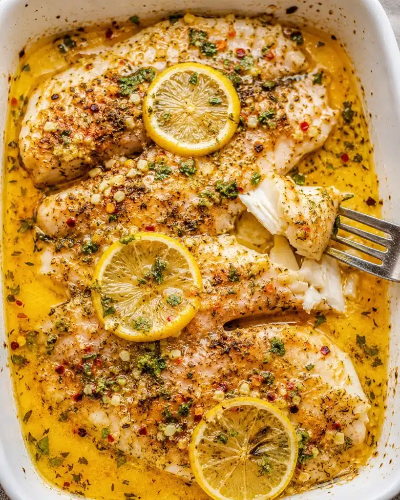 Freshly baked tilapia fillets in a dish with lemon slices and garlic butter sauce