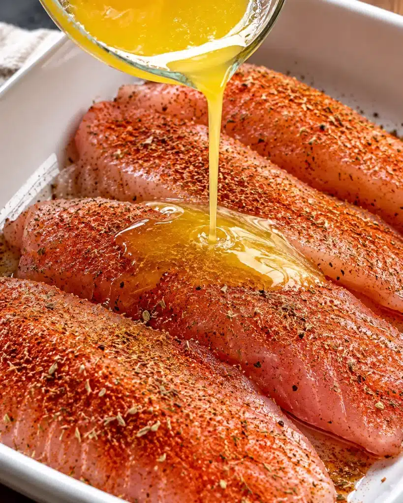 Raw tilapia fillets seasoned with spices while melted butter is poured over the top