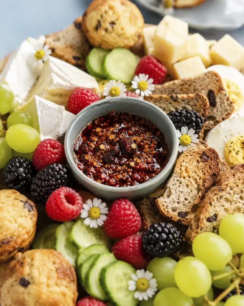 close up of breakfast board with chili oil dip berries cheese crackers and cucumbers