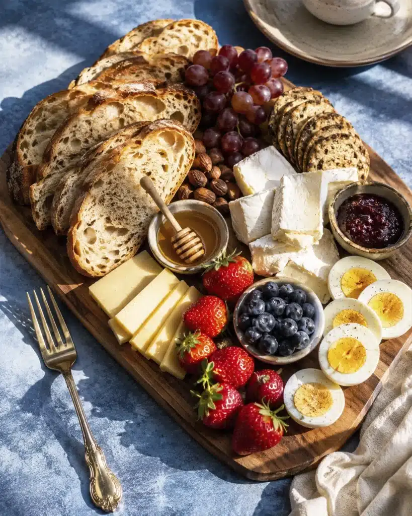 rustic wooden breakfast board with bread cheese strawberries blueberries eggs and fork