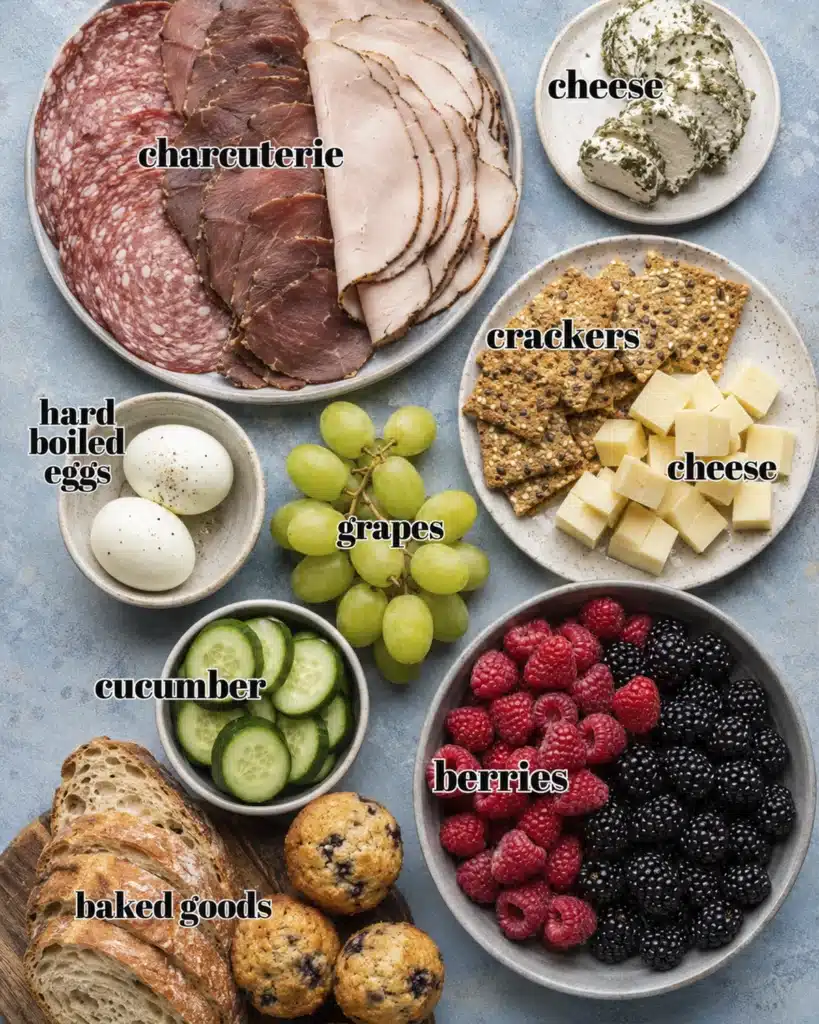 ingredients for breakfast board including cheese crackers eggs grapes berries and bread