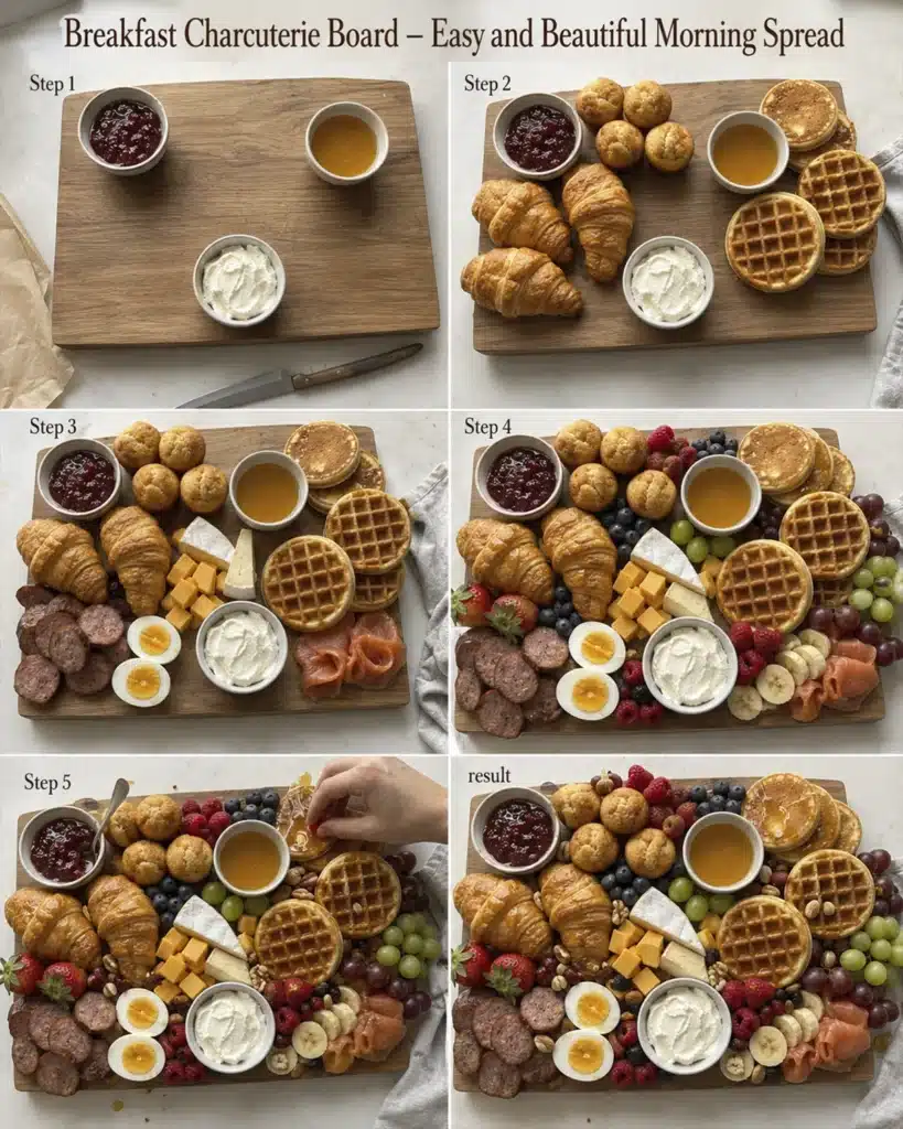 step by step breakfast spread assembly with pastries cheese eggs and fruit on wooden board