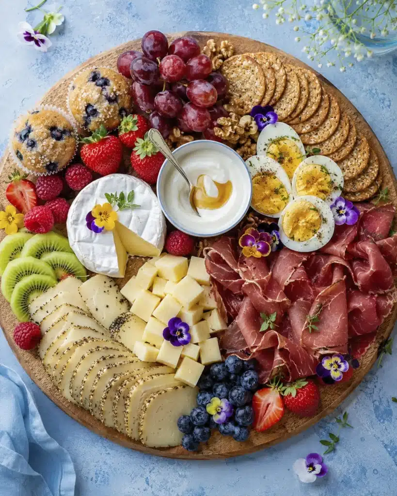 stylish breakfast platter with berries kiwi cheese eggs crackers and edible flowers
