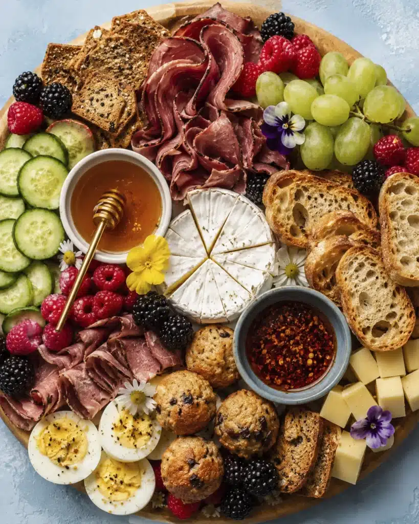 round breakfast board with cheese grapes sliced meat crackers eggs and fresh fruit