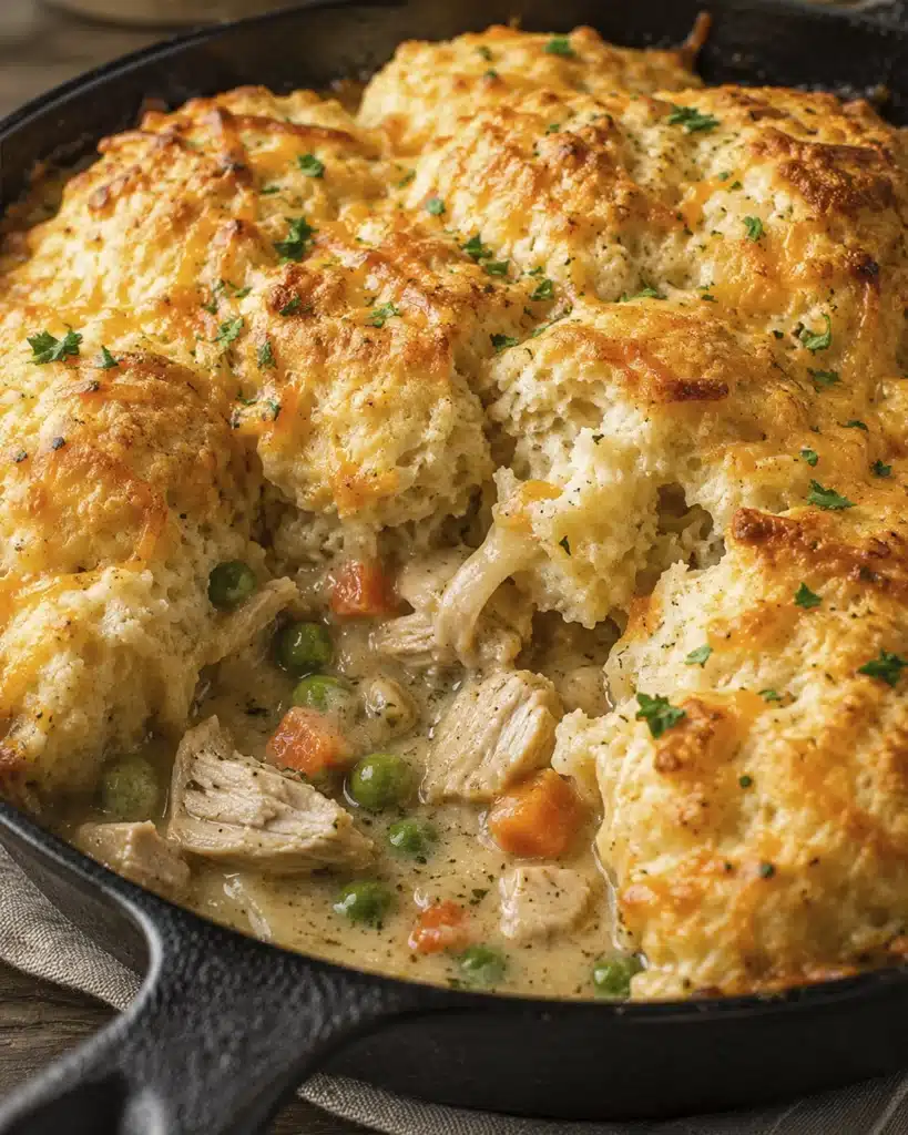 Close up of creamy chicken pot pie with biscuits and vegetables inside