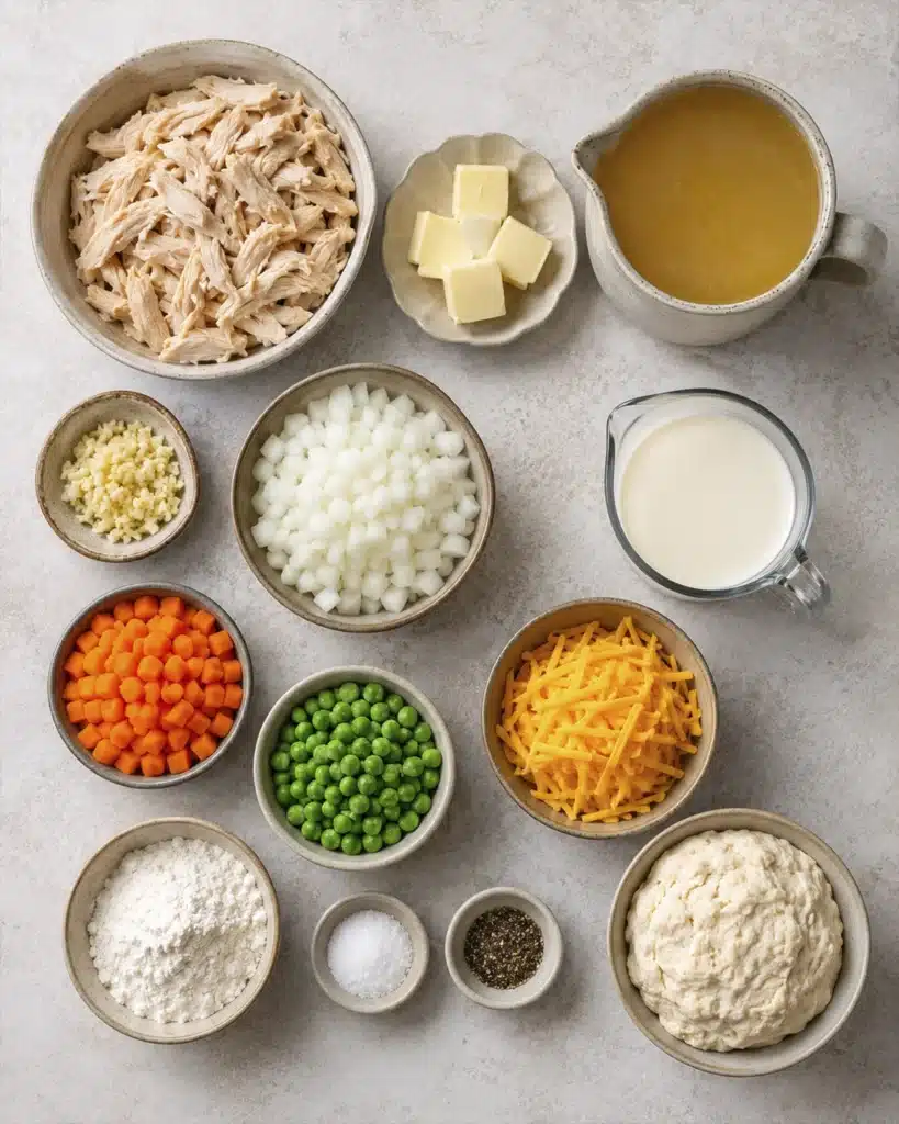 Ingredients for chicken pot pie with biscuits including chicken vegetables cheese and dough